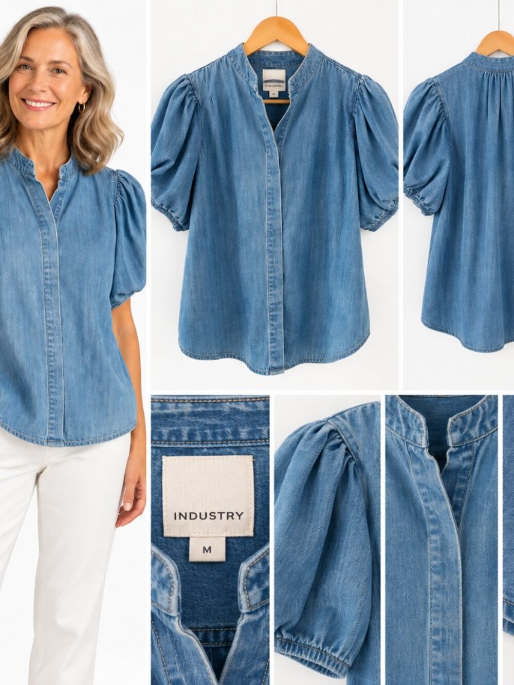 Industry Blue Denim Puff Sleeve Blouse M Coastal Cottagecore Hidden Placket Top